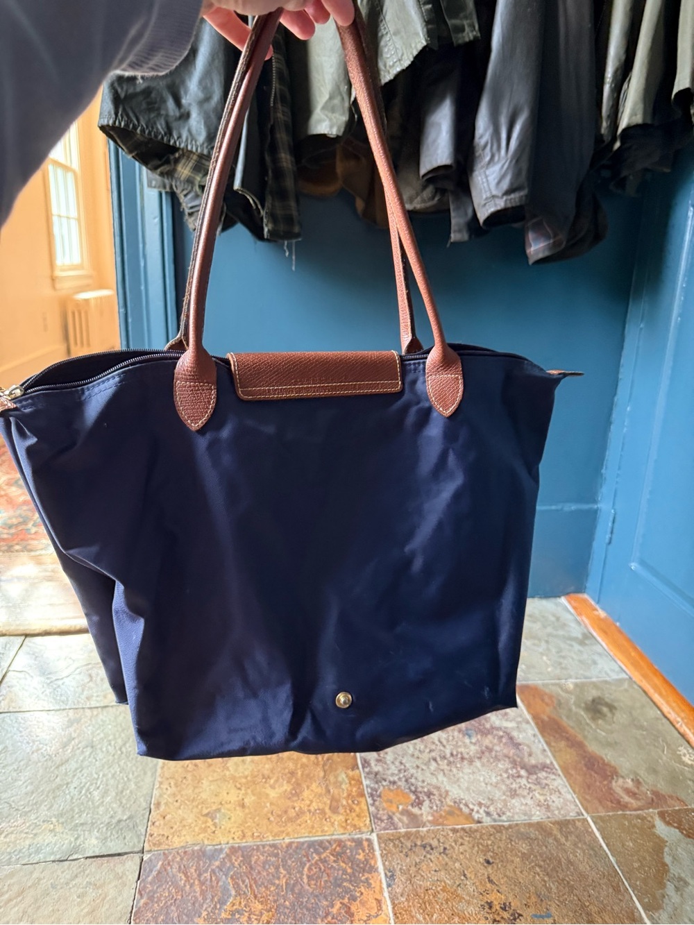 Longchamp Navy Tote with Brown Leather Trim - Picture 4 of 7